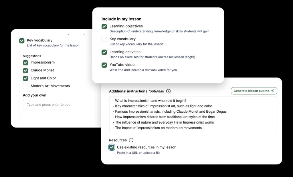 Three windows showing school lesson checklists