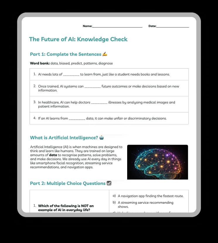 Future of AI activity sheet